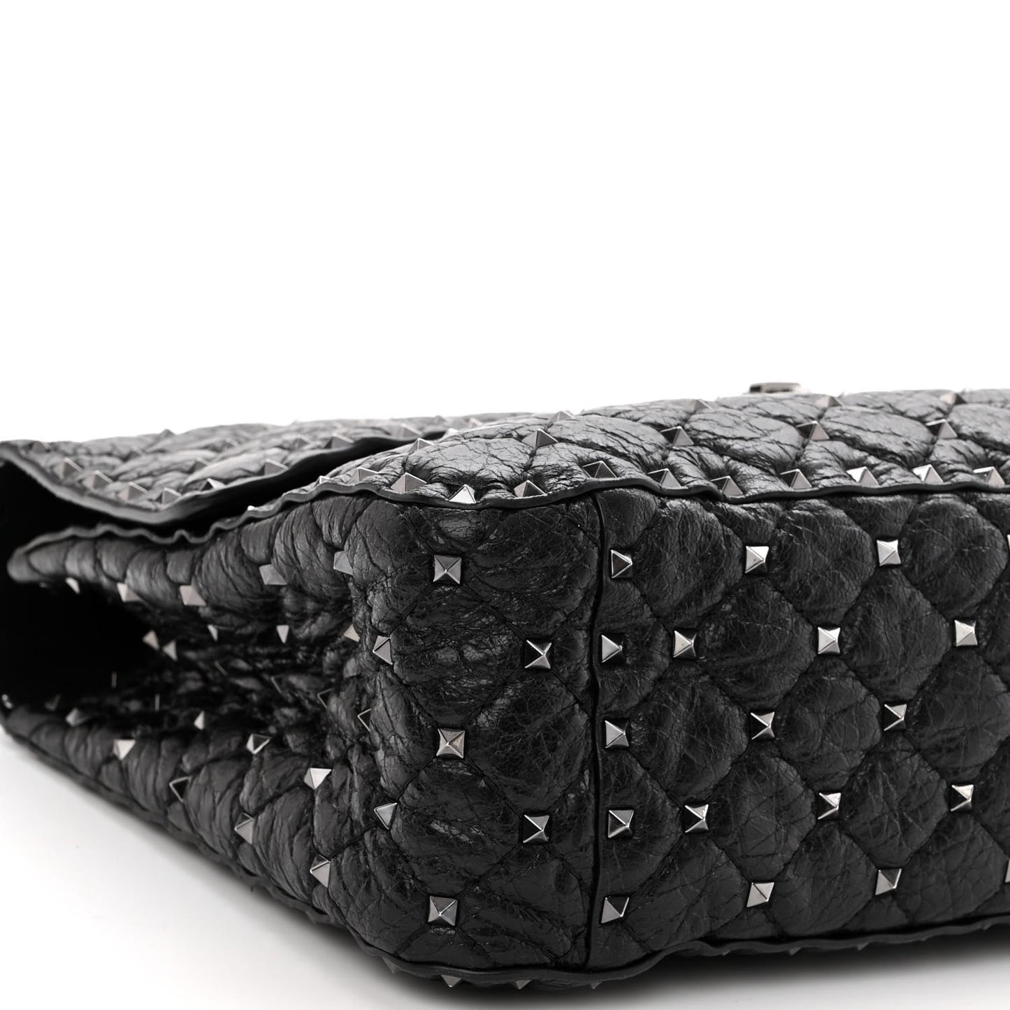 Craquele Nappa Large Rockstud Spike Shoulder Bag Black