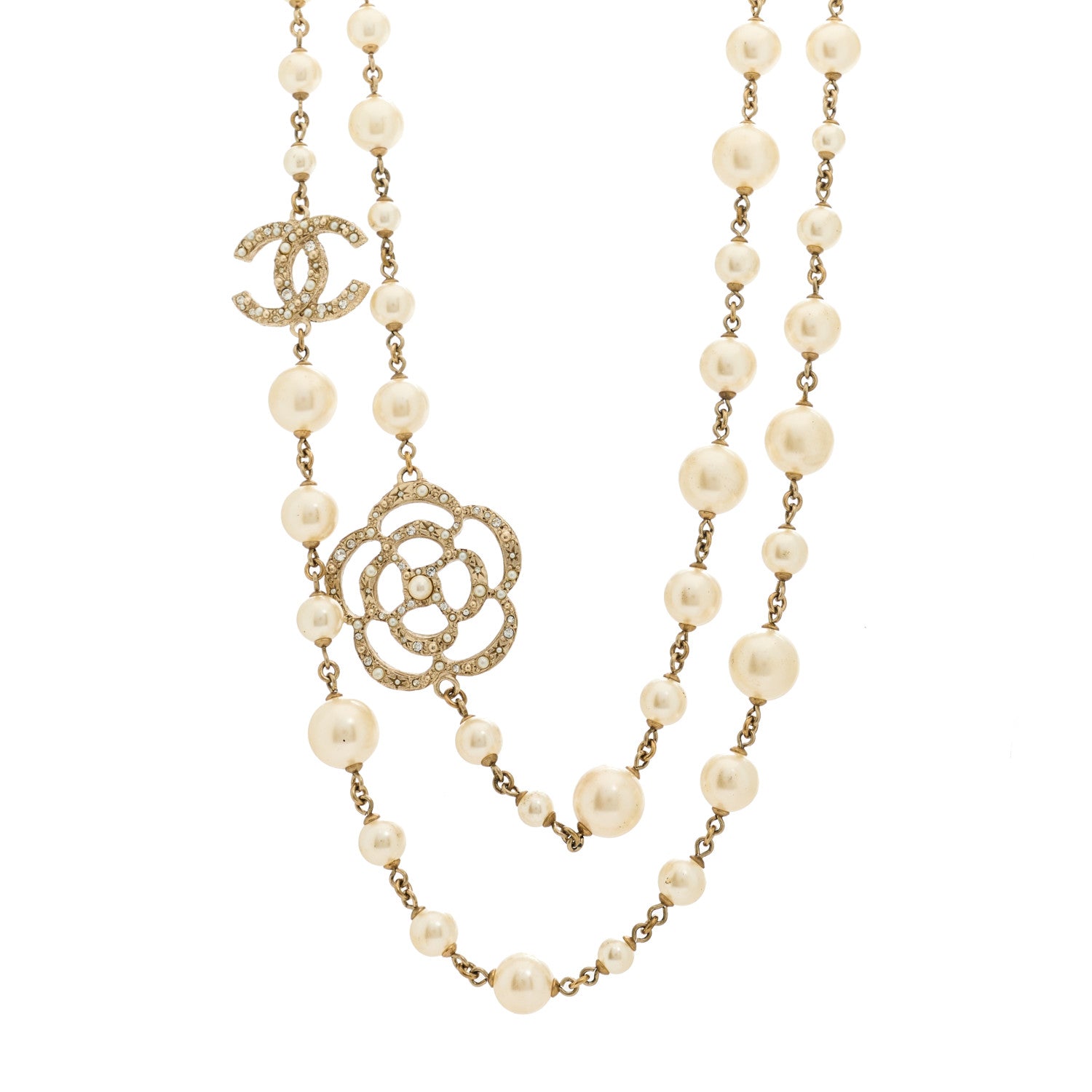 Chanel Pearl Crystal Camellia CC Necklace Gold 1 of 5