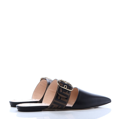 Fendi Vitello FF Embossed Buckle Flat Mules 40 Maya Black 4 of 7