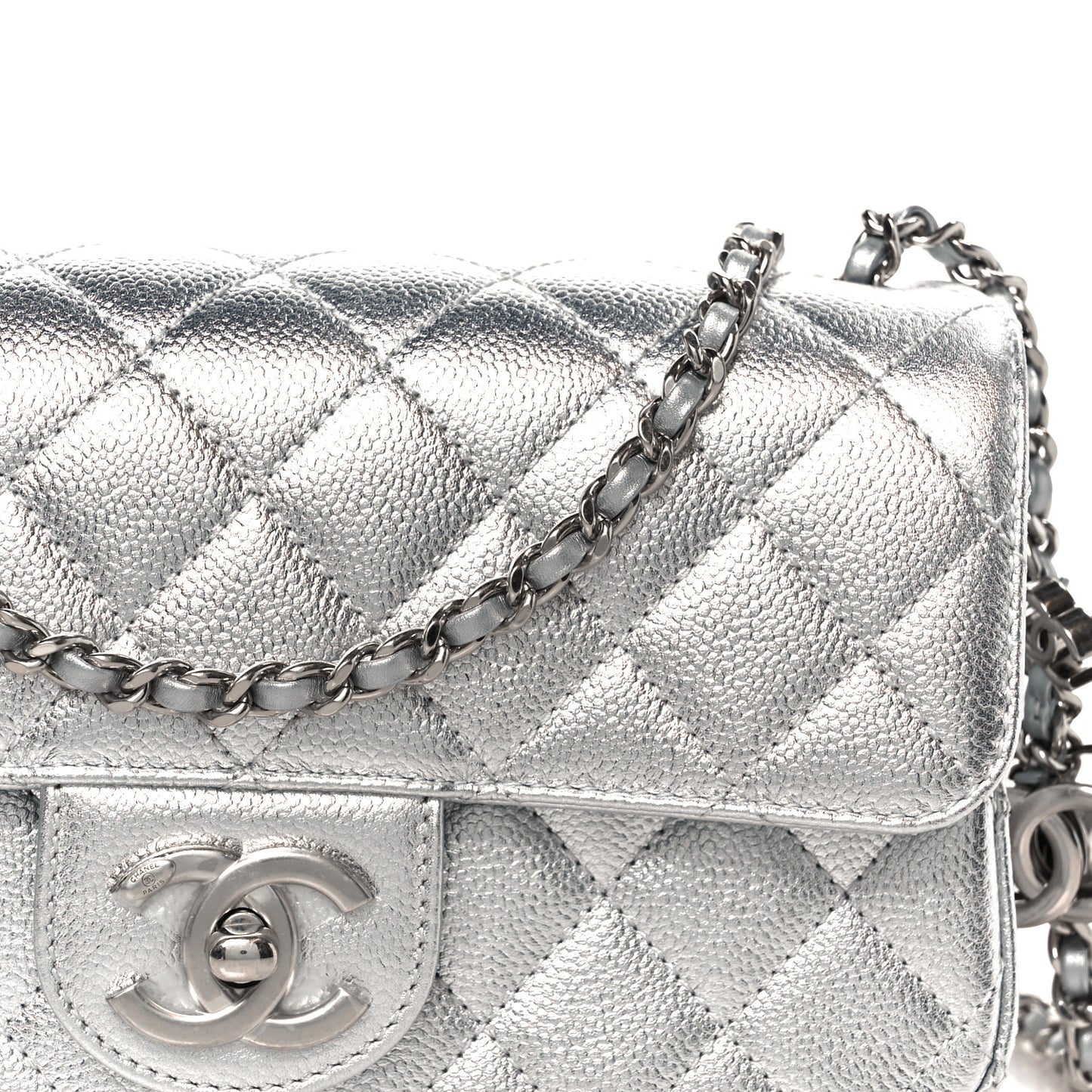 Metallic Caviar Quilted Mini Rectangular CC Slide Flap Silver
