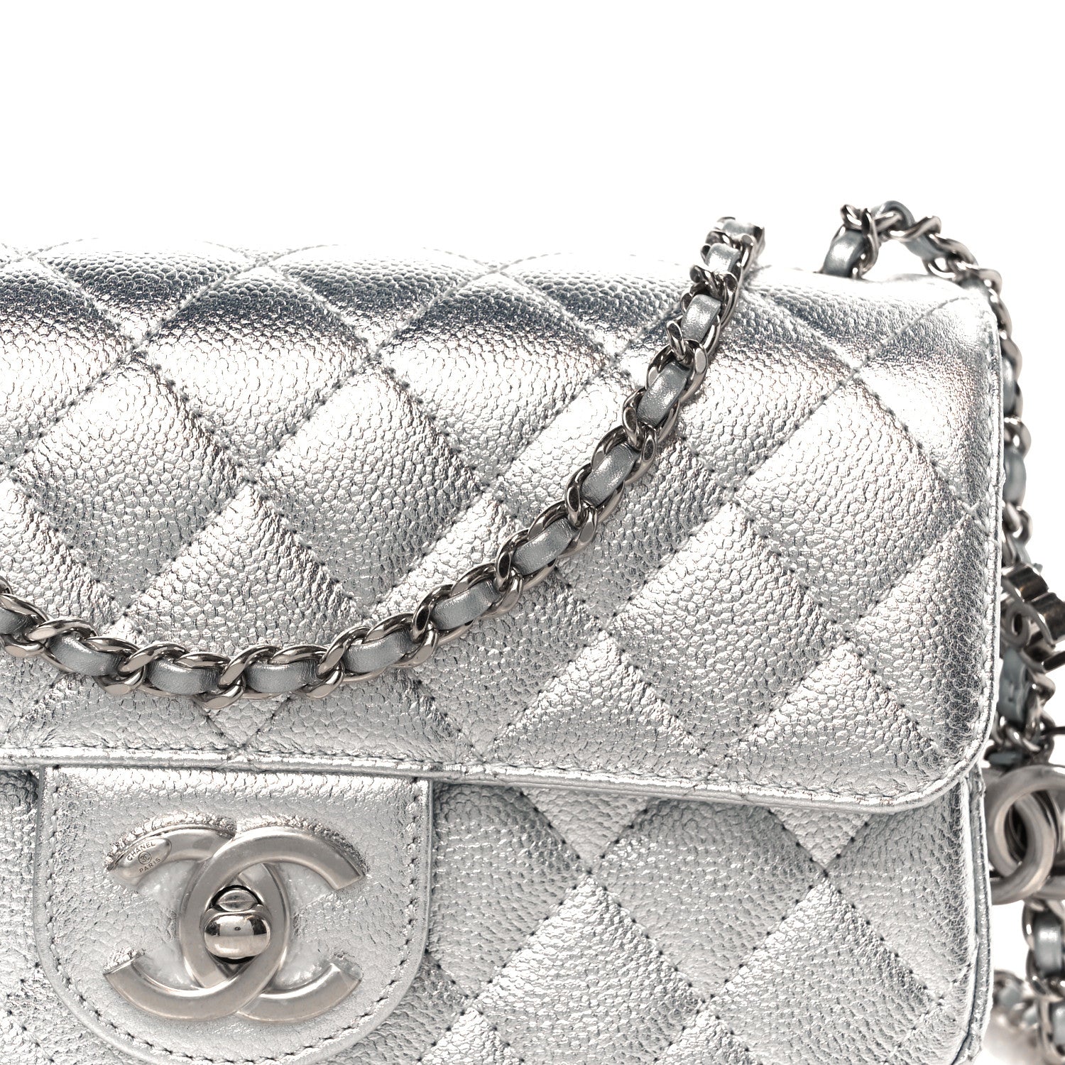 Chanel Metallic Caviar Quilted Mini Rectangular CC Slide Flap Silver 9 of 11