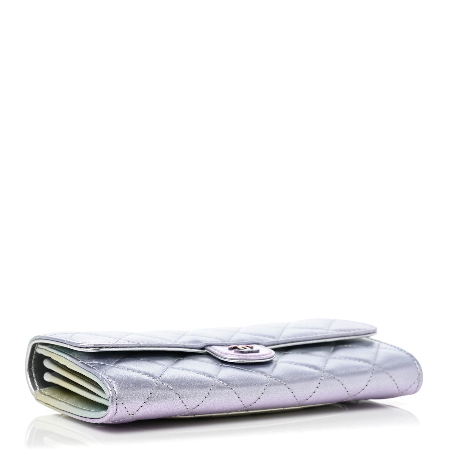 Gradient Metallic Calfskin Quilted Large Gusset Flap Wallet Silver Blue Yellow Purple