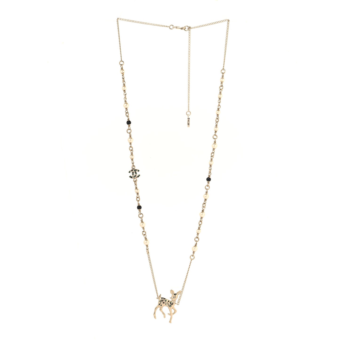 Pearl Crystal CC Deer Long Necklace Gold Green
