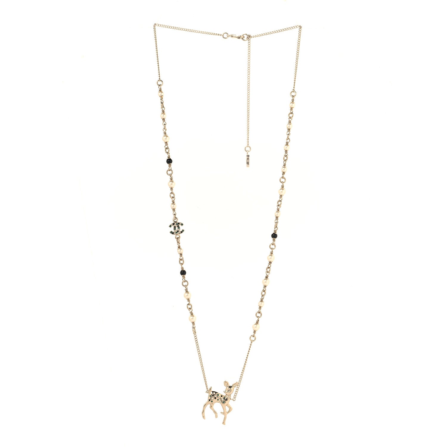 Chanel Pearl Crystal CC Deer Long Necklace Gold Green 3 of 5