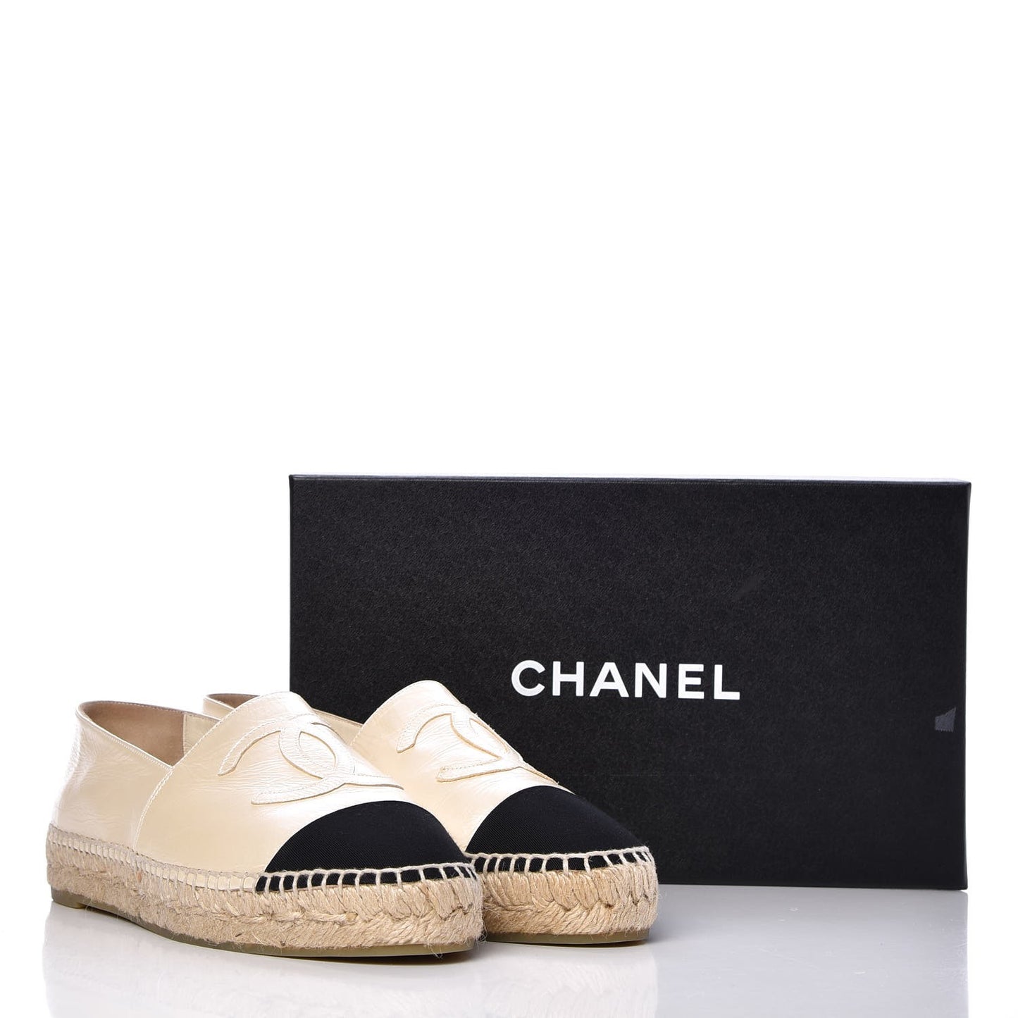 Metallic Calfskin Grosgrain CC Espadrilles 39 Ivory Black
