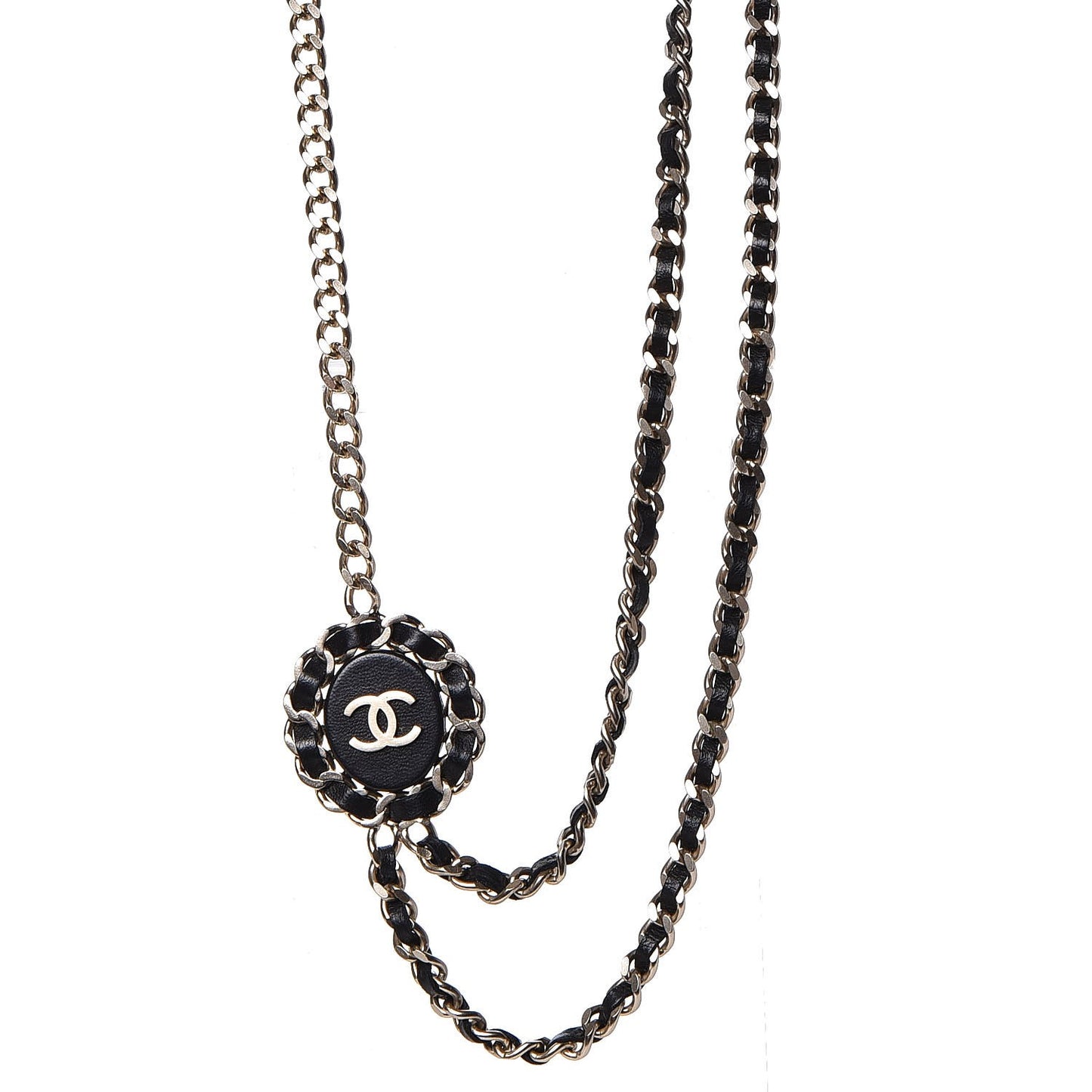 Lambskin CC Long Chain Necklace Black Gold