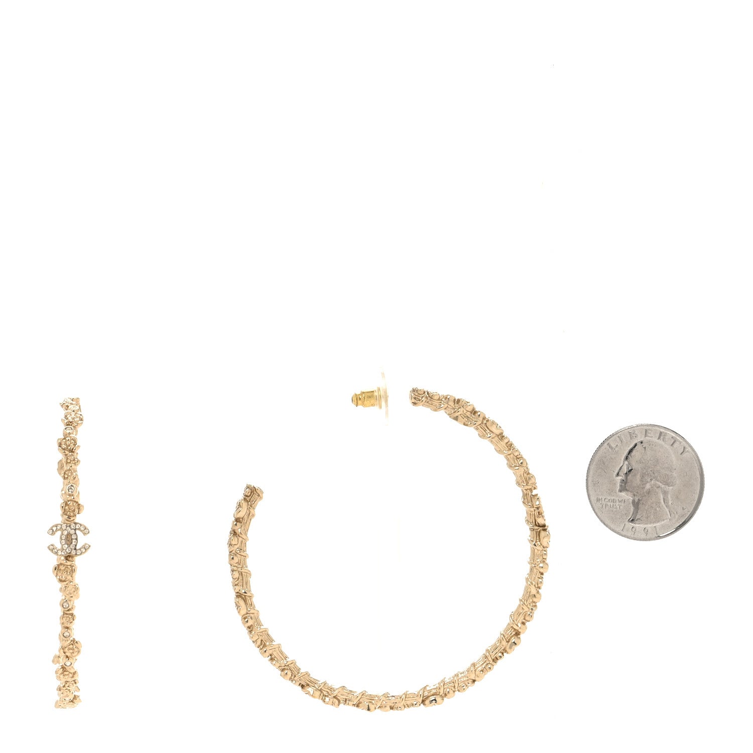 Chanel Crystal Camellia CC Hoop Earrings Gold 2 of 5