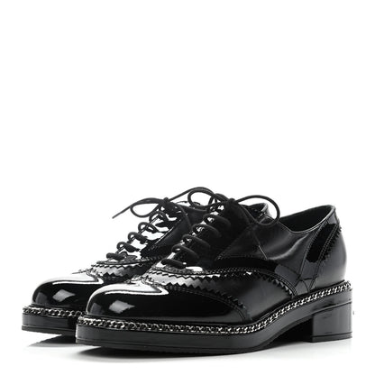 Chanel Lambskin Patent Calfskin CC Brogue Lace Up Oxfords 38 Black 3 of 12