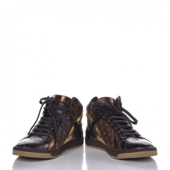 Calfskin Monogram High Top Sneakers 36 Brown