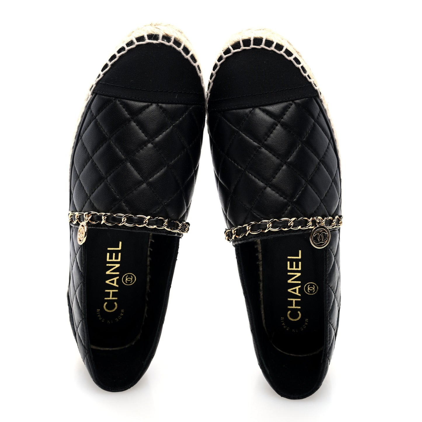 Lambskin Grosgrain Quilted CC Chain Espadrilles 36 Black