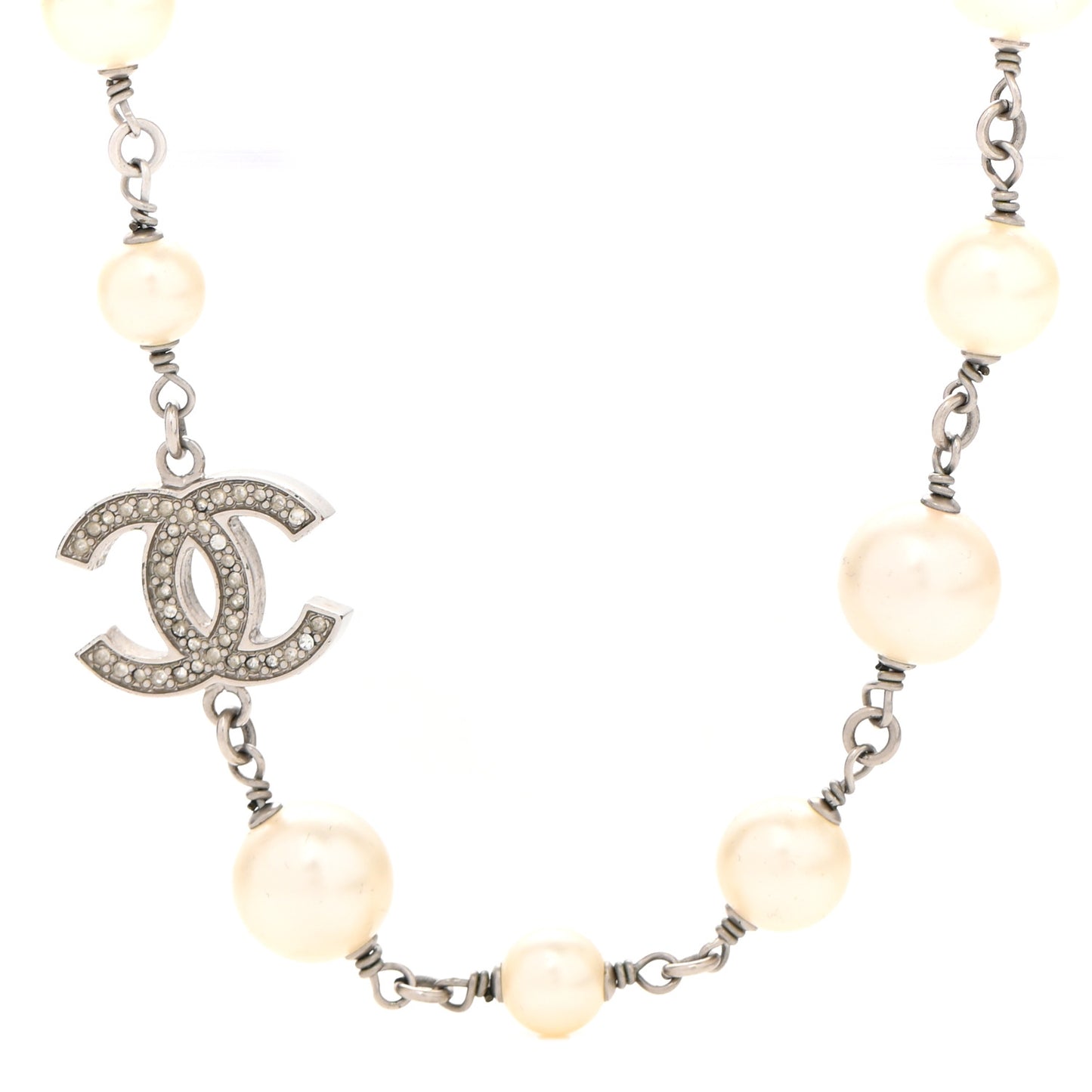 Graduated Pearl Crystal CC Long Necklace Silver