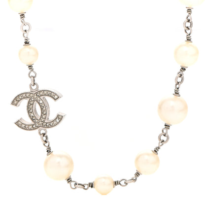 Chanel Graduated Pearl Crystal CC Long Necklace Silver 4 of 6