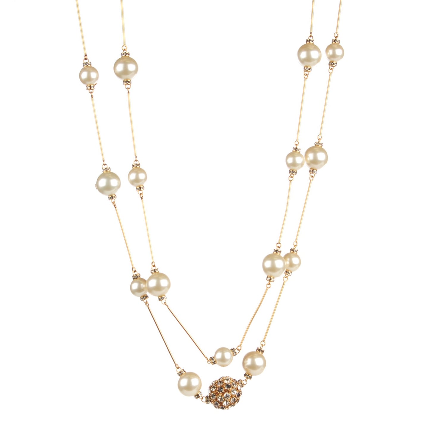 Crystal Pearl CC Long Necklace Gold