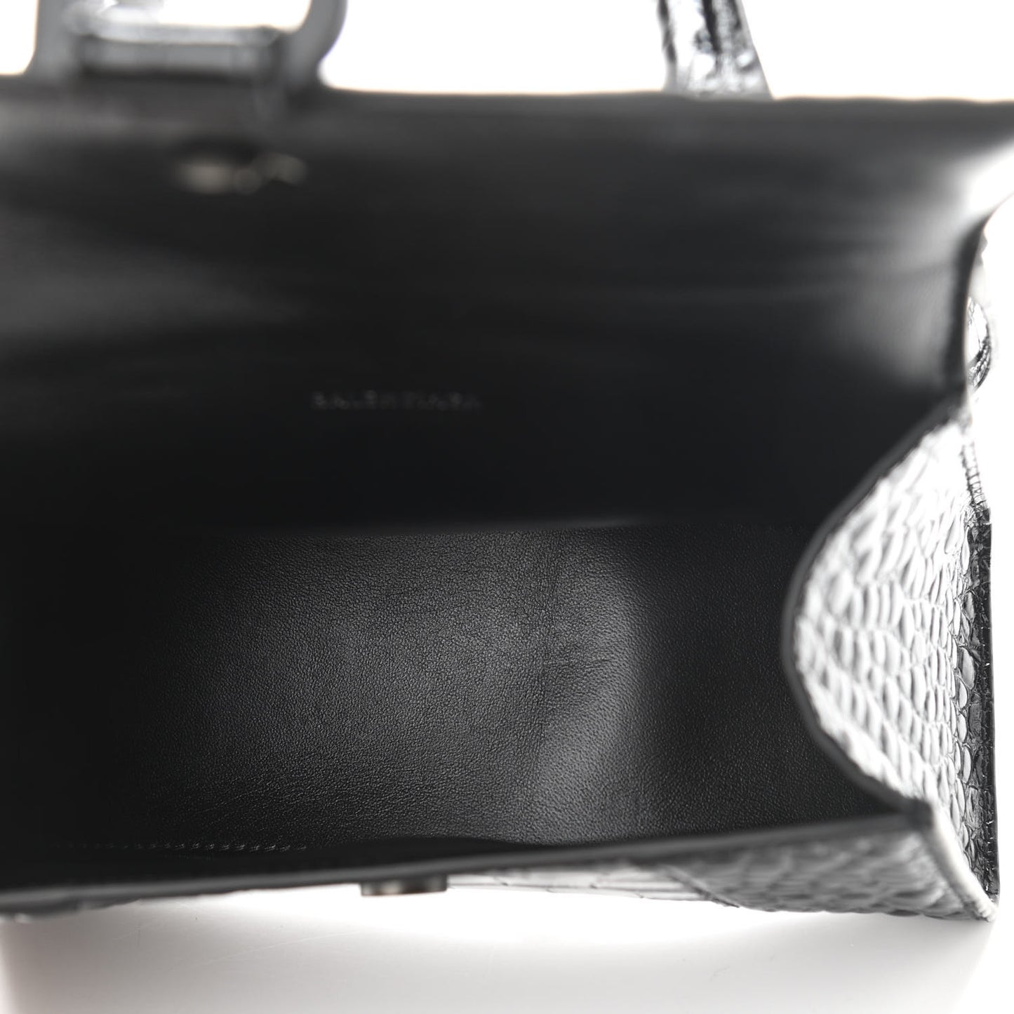 Shiny Calfskin Monochrome Crocodile Embossed Hourglass Top Handle Bag XS Black