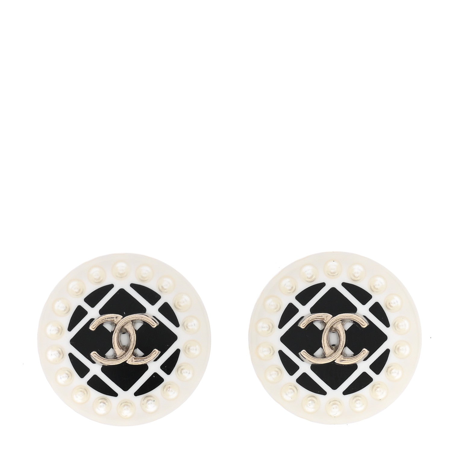 Chanel Resin Pearl CC Earrings White Black 1 of 5