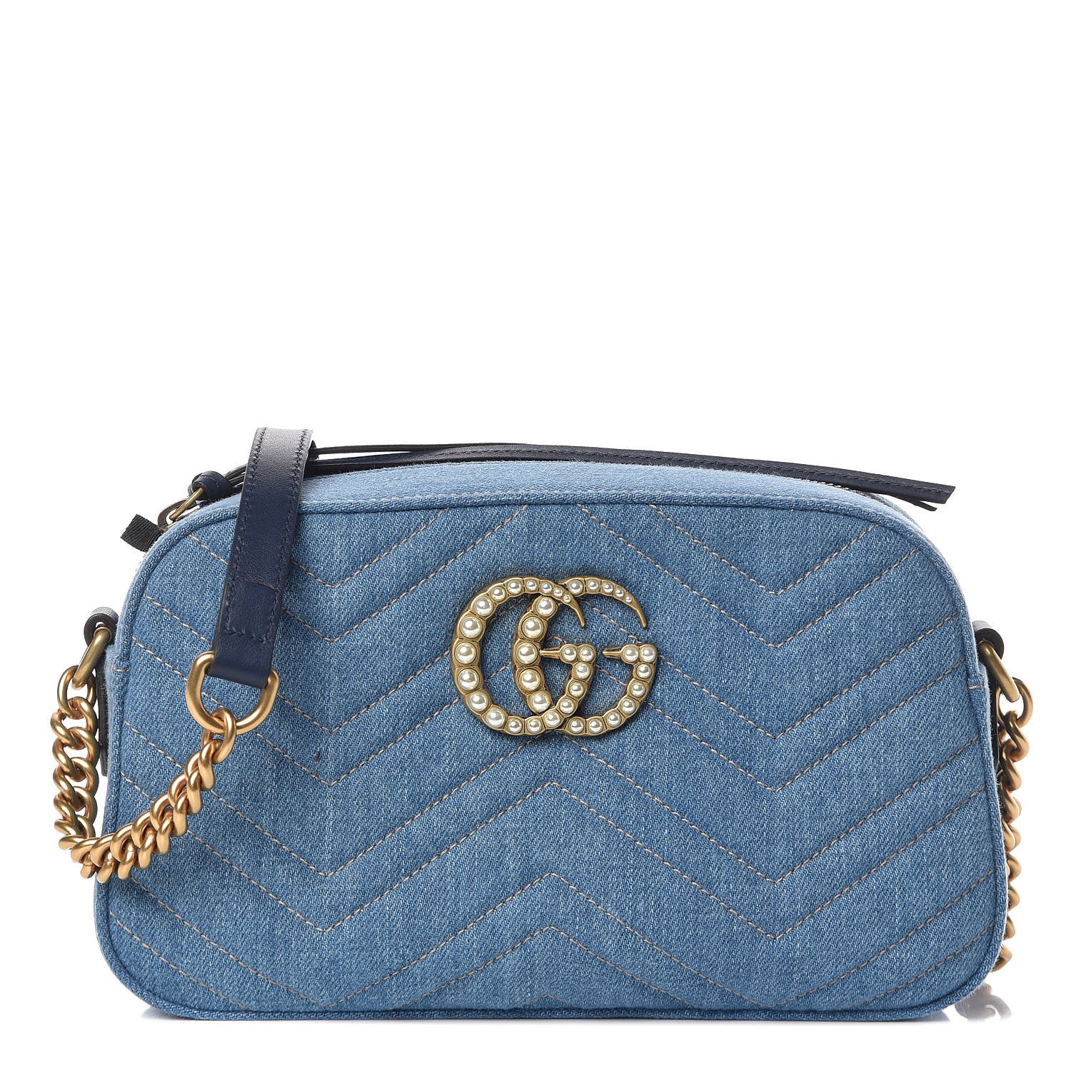 Gucci Denim Matelasse Small Pearly GG Marmont Chain Shoulder Bag Blue 1 of 9
