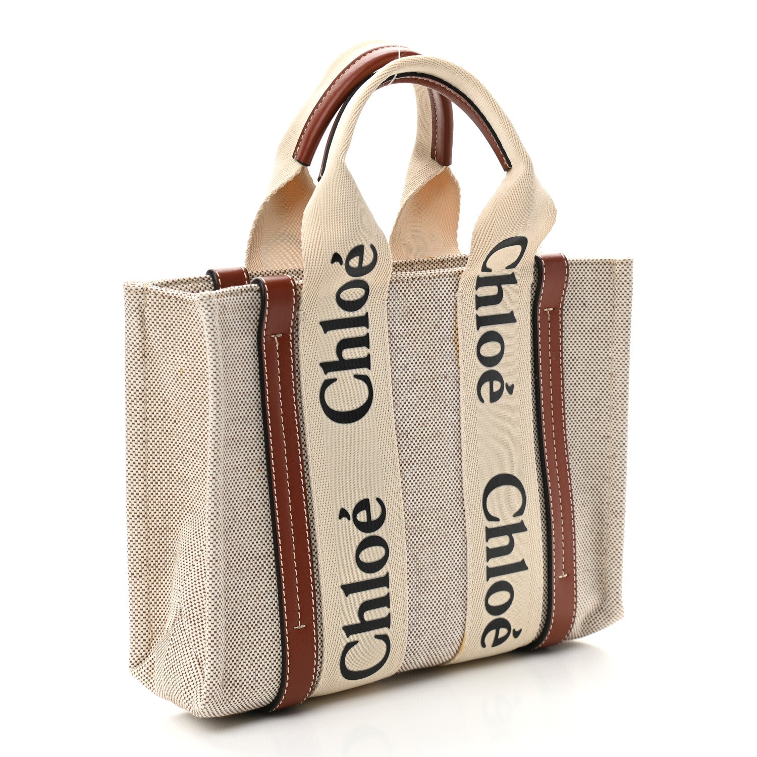 Chloe Cotton Calfskin Small Woody Ribbon Tote White Brown 3 of 12