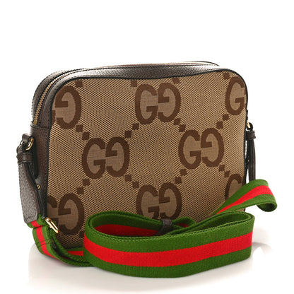 Gucci Monogram Jumbo GG Textured Dollar Calfskin Web Messenger Shoulder Bag Camel Ebony New Acero 2 of 9