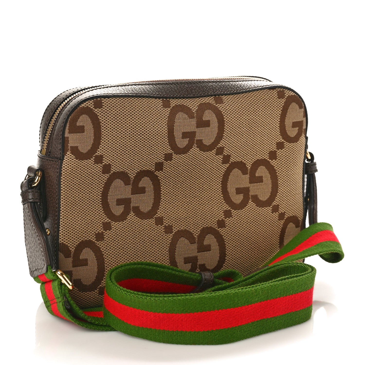 Gucci Monogram Jumbo GG Textured Dollar Calfskin Web Messenger Shoulder Bag Camel Ebony New Acero 2 of 9
