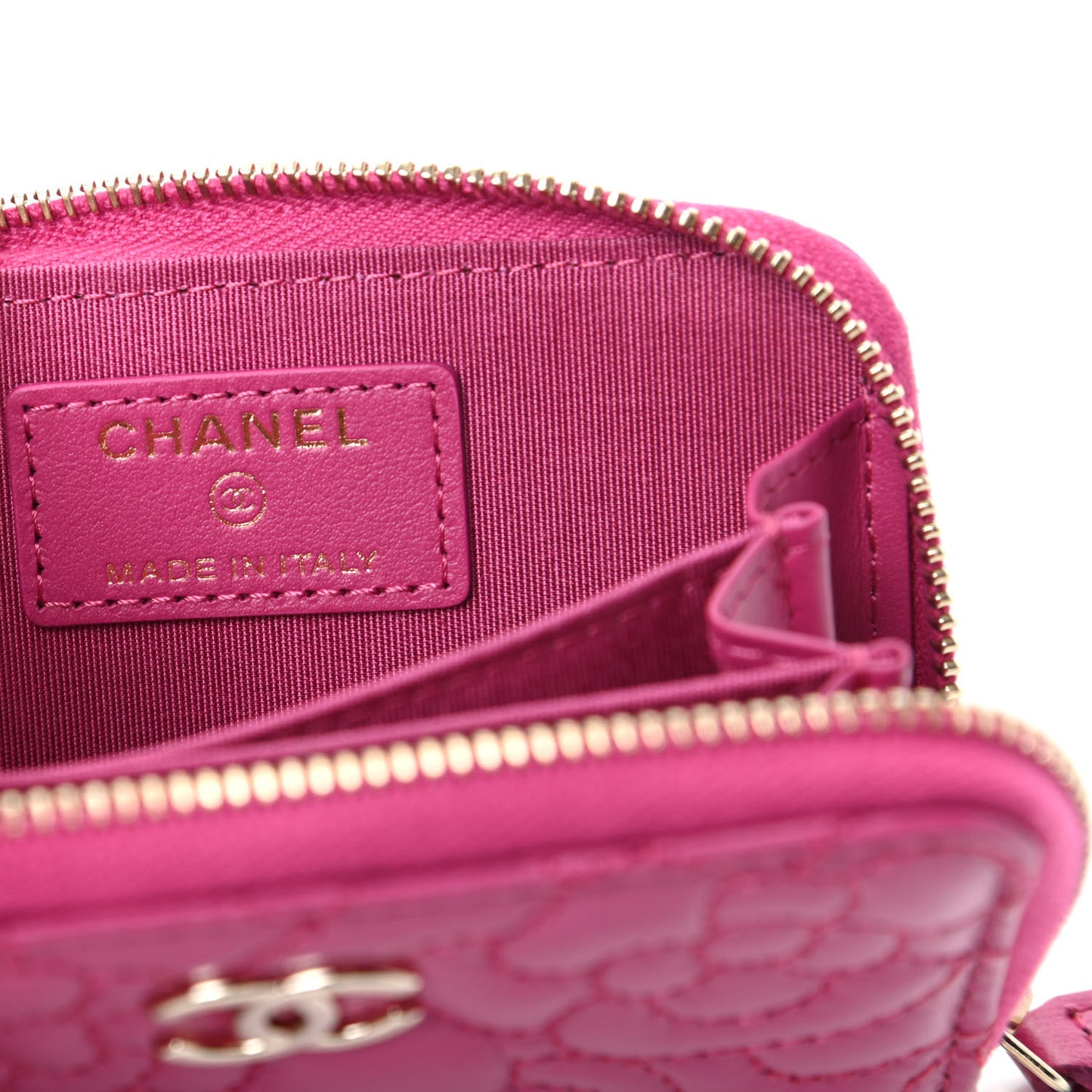Lambskin Camellia Embossed Zip Coin Purse Fuchsia
