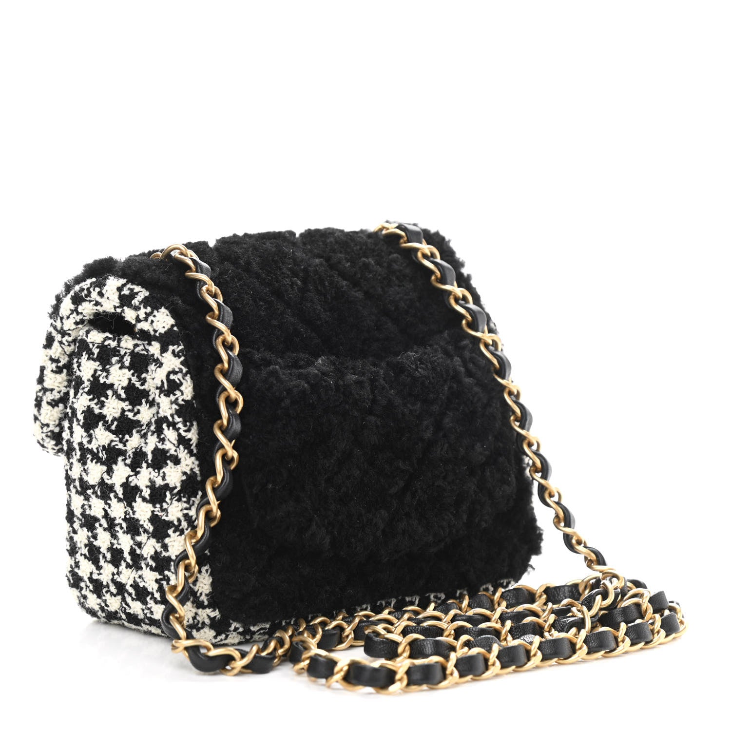 Chanel Shearling Tweed Quilted Mini Square Flap Bag Black White 3 of 9