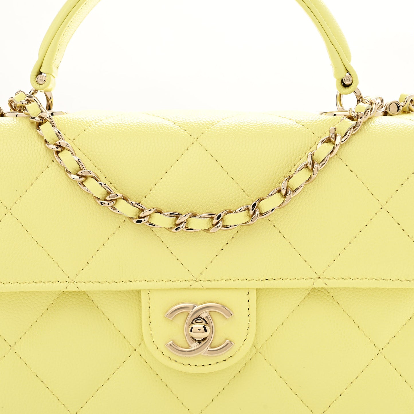 Caviar Quilted Retro Mini Twist Top Handle Clutch Flap Light Yellow
