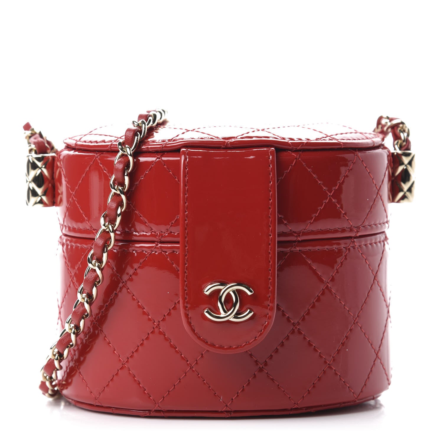 Chanel Patent Quilted Small Round Vanity With Chain Red 1 of 12