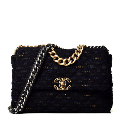 Chanel Tweed Quilted Large Chanel 19 Flap Black Navy Gold 1 of 10