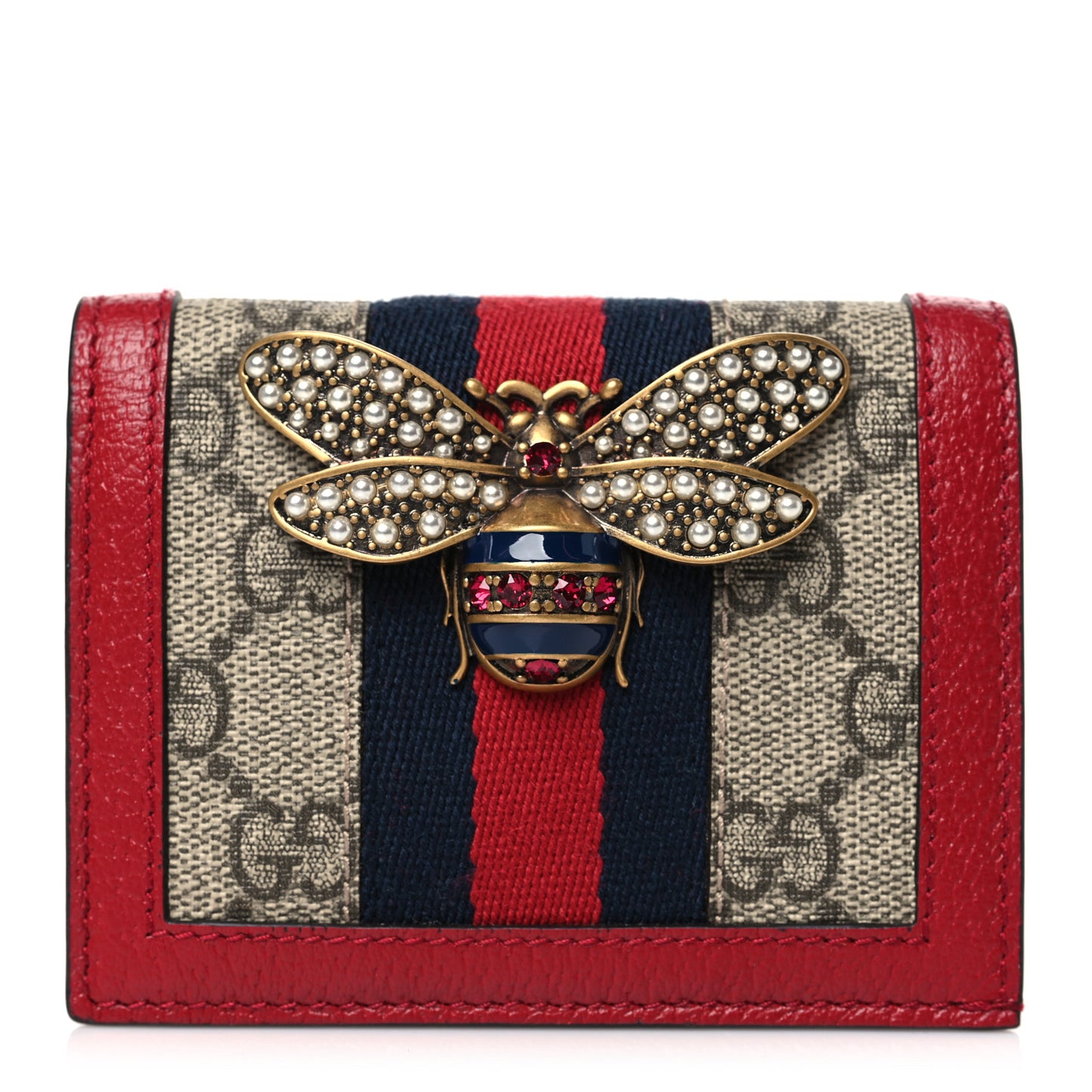 GG Supreme Monogram Web Queen Margaret Card Case Wallet Red