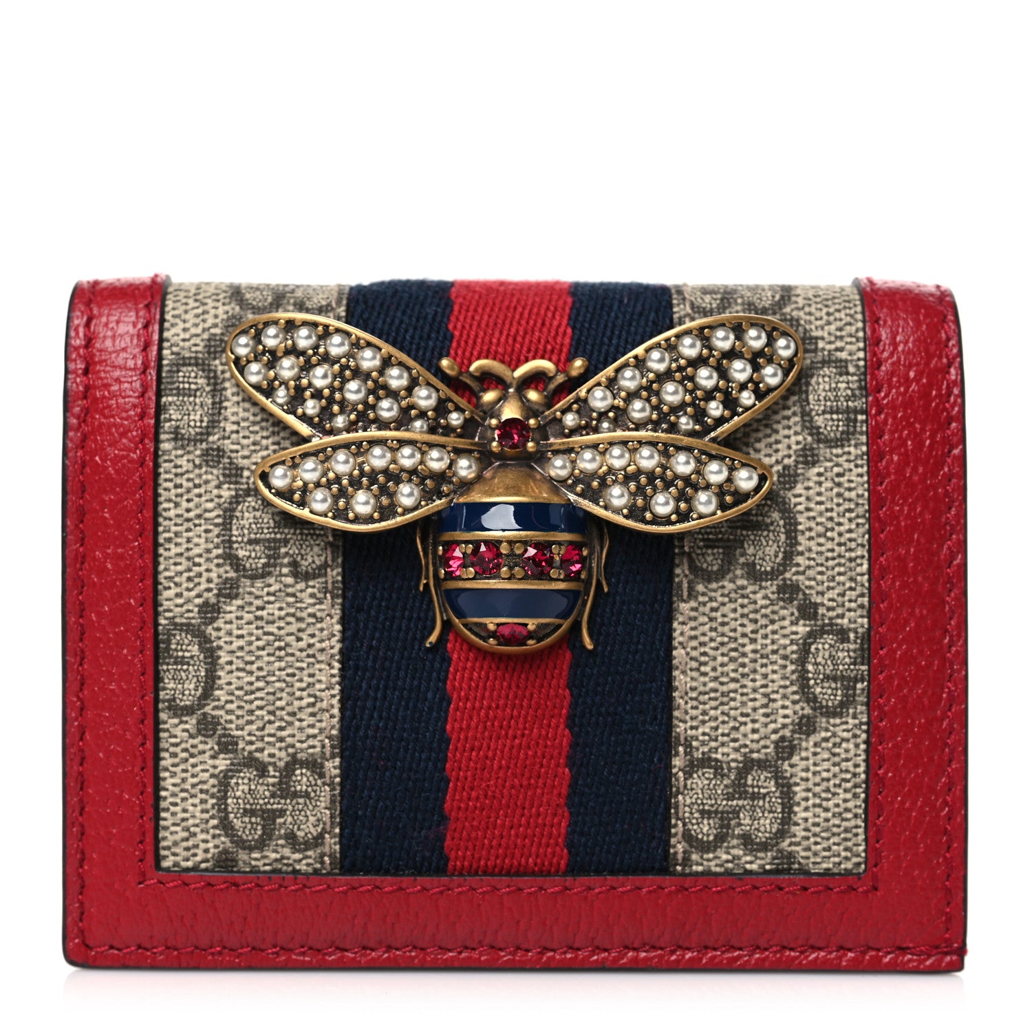 Gucci GG Supreme Monogram Web Queen Margaret Card Case Wallet Red 1 of 8