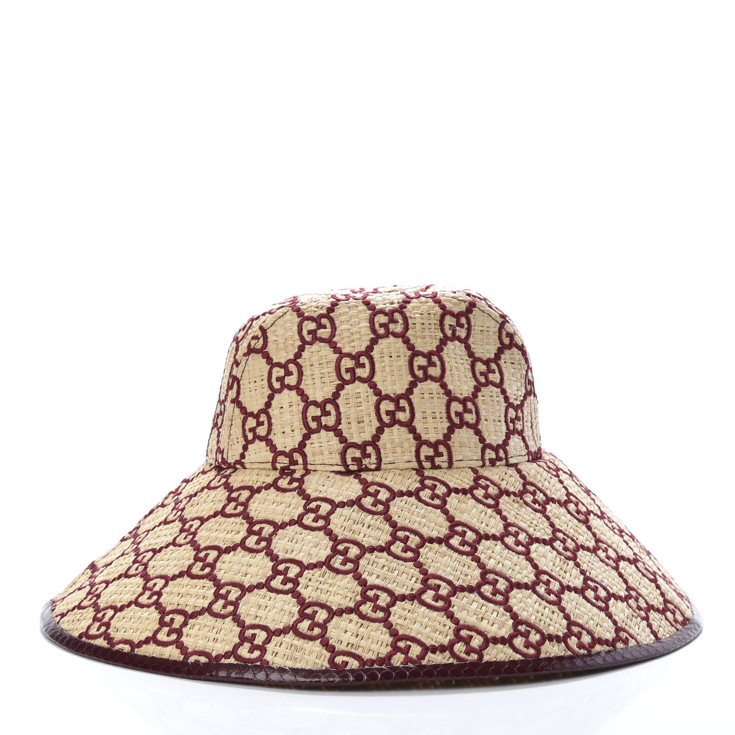 Raffia Elaphe GG Monogram Embroidered Wide Brim Hat Ivory Bordeaux