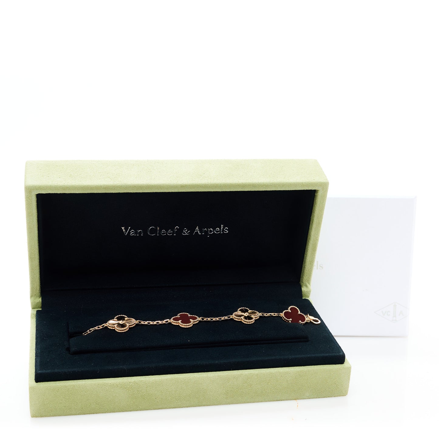 18K Rose Gold Carnelian 5 Motifs Guilloche Vintage Alhambra Bracelet