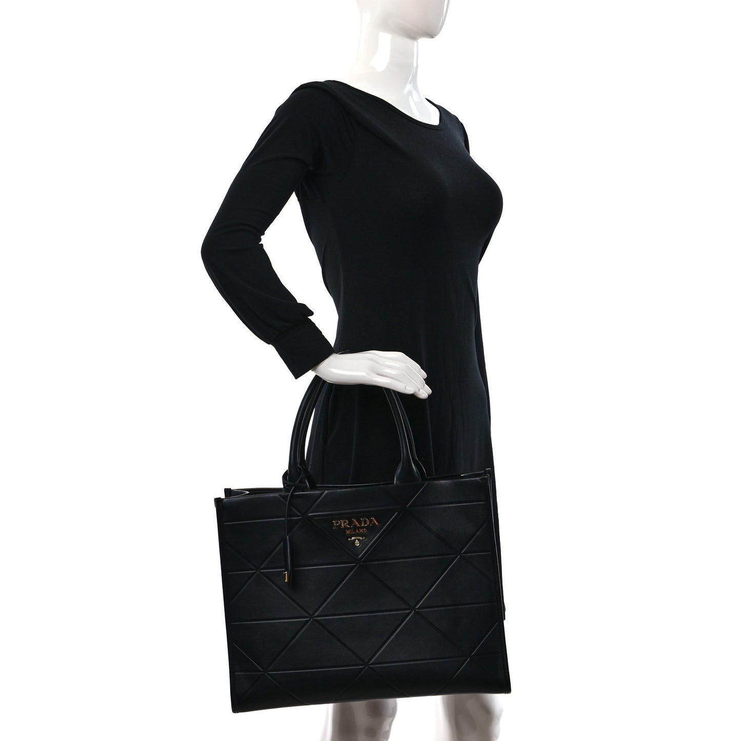 Soft Calfskin Triangolo Symbole Embossed Medium Tote Black