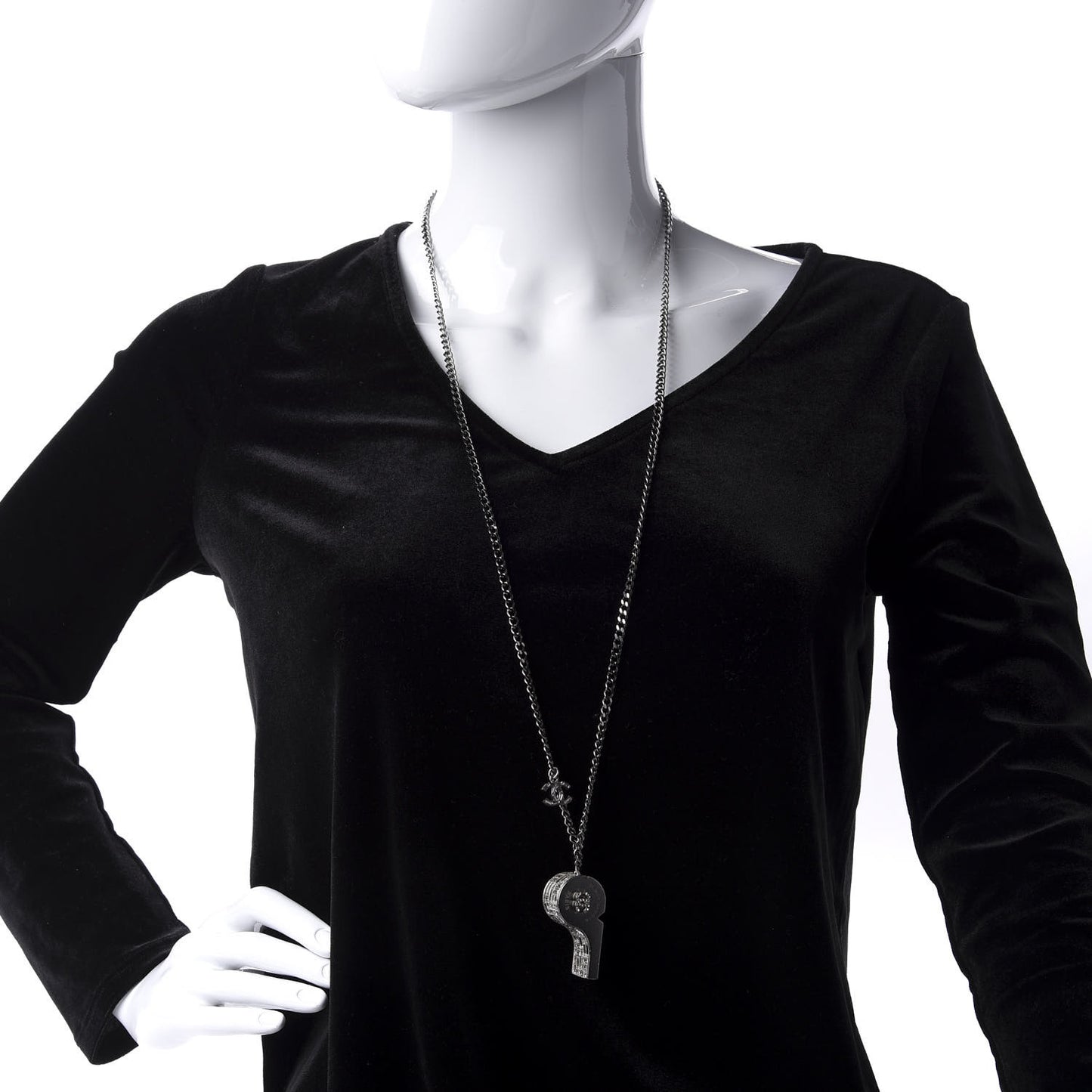 Crystal Baguette CC Whistle Pendant Necklace Silver