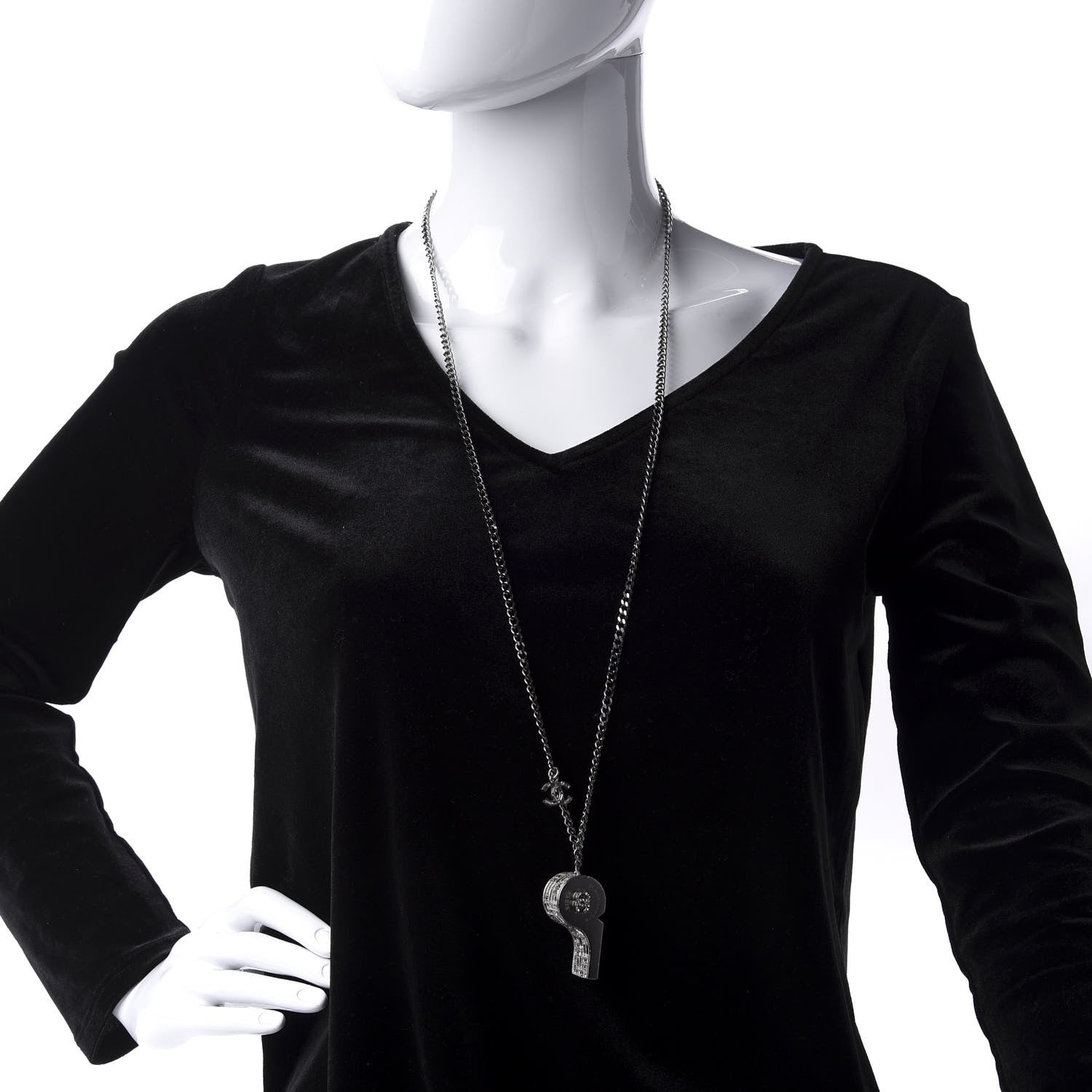 Chanel Crystal Baguette CC Whistle Pendant Necklace Silver 2 of 7