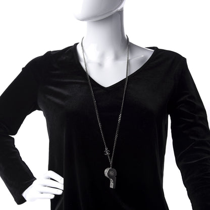 Chanel Crystal Baguette CC Whistle Pendant Necklace Silver 2 of 7