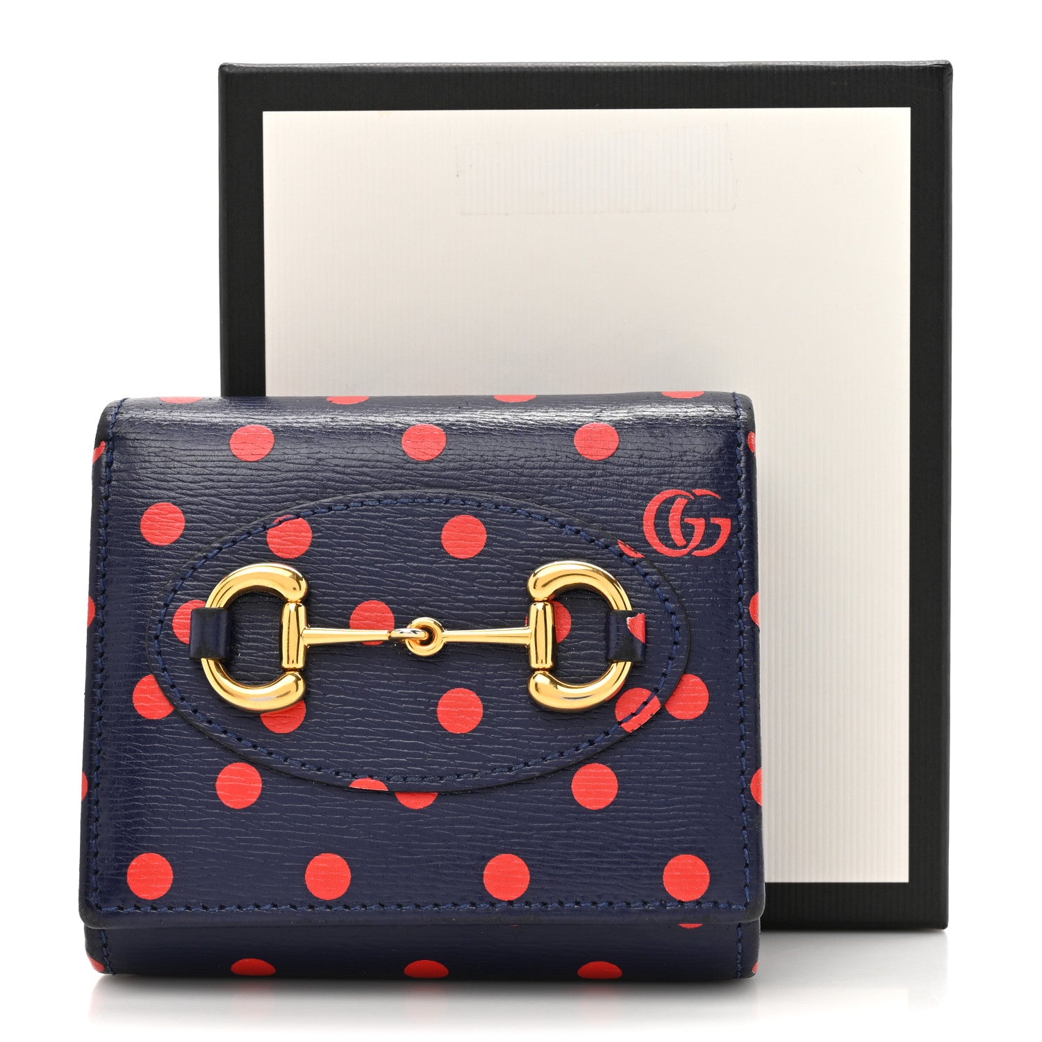 Gucci Shangai Calfskin Polka Dot Horsebit 1955 Flap Card Case Wallet Blue Orange Sailor Blue 8 of 8