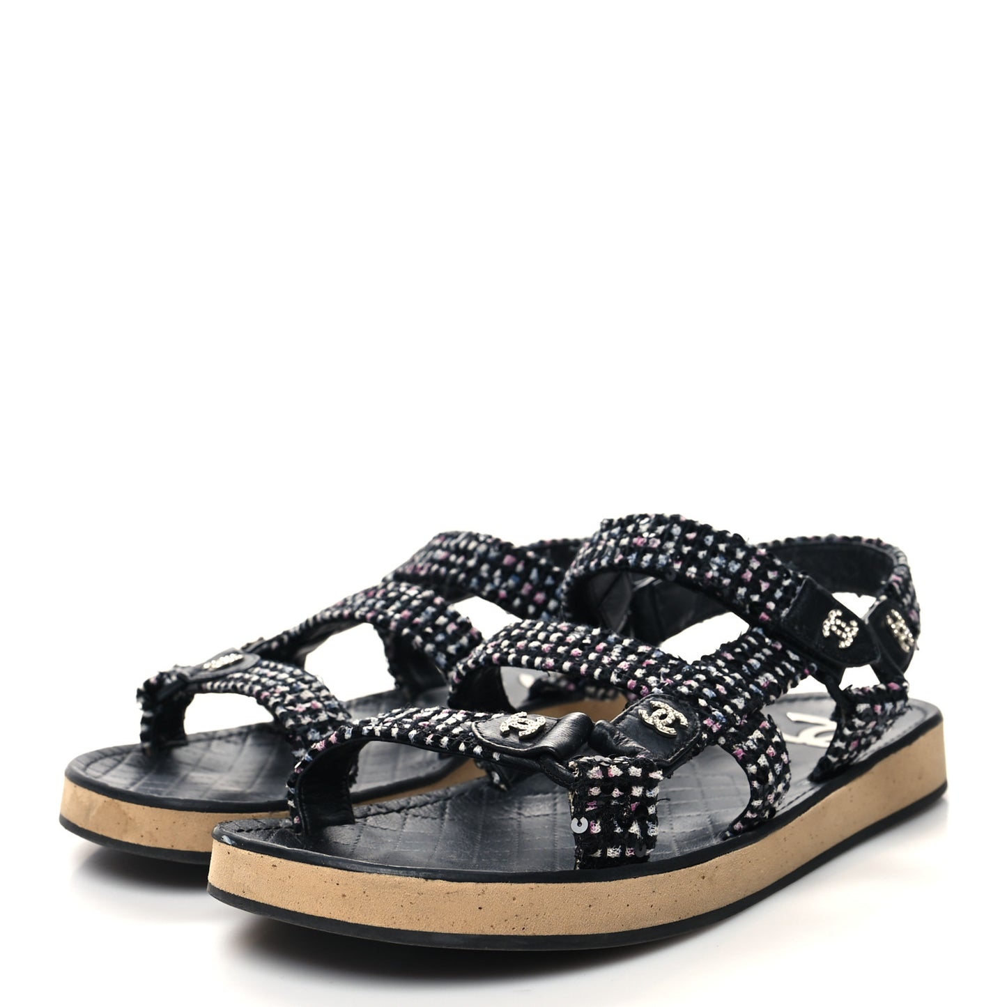 Tweed Lambskin Crystal CC Sandals 39 Black Multicolor