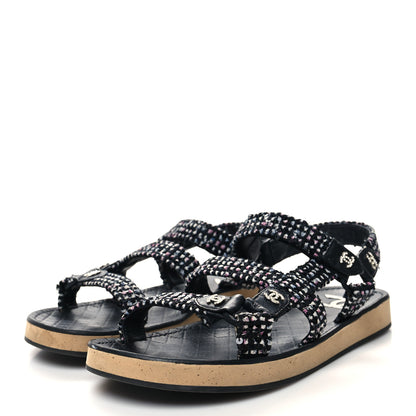 Chanel Tweed Lambskin Crystal CC Sandals 39 Black Multicolor 3 of 7