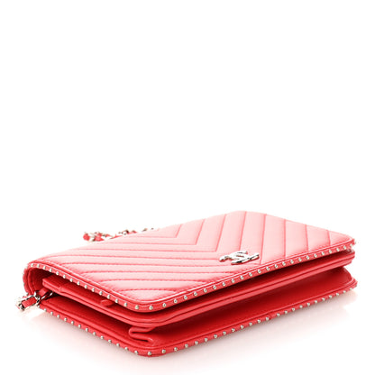 Chanel Lambskin Chevron Quilted Studded Wallet On Chain WOC Light Red 4 of 12