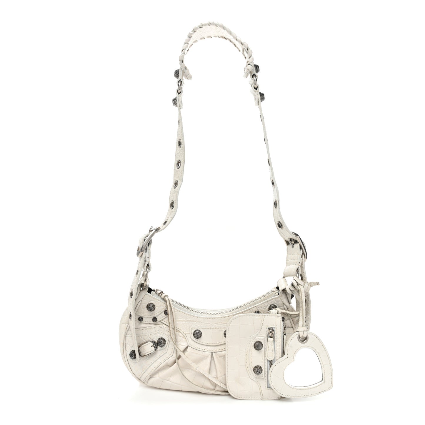 Extra Supple Calfskin Crocodile Embossed Le Cagole Shoulder Bag XS White