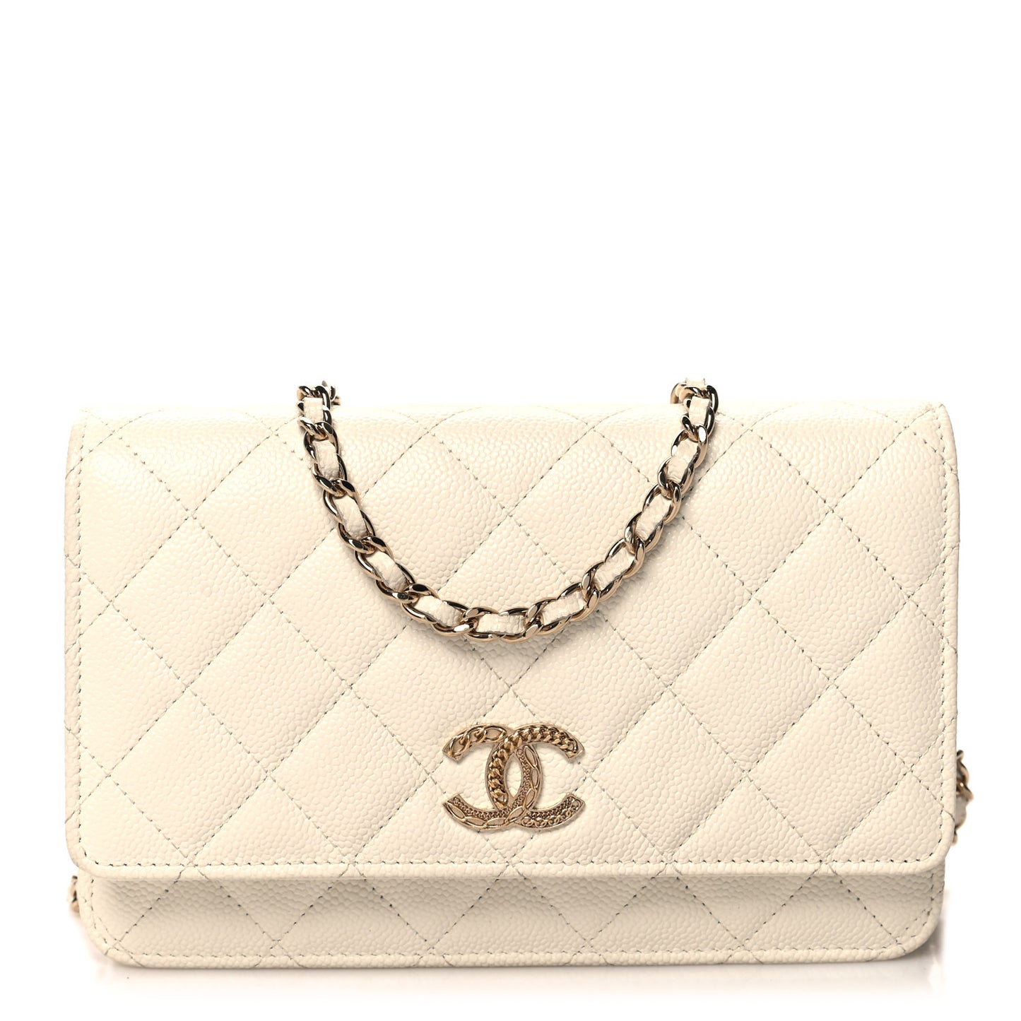 Caviar Quilted Chain CC Wallet On Chain WOC White