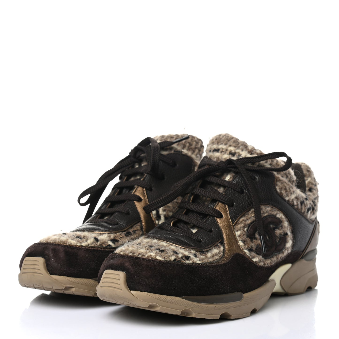 Suede Tweed Goatskin CC Sneakers 40 Brown