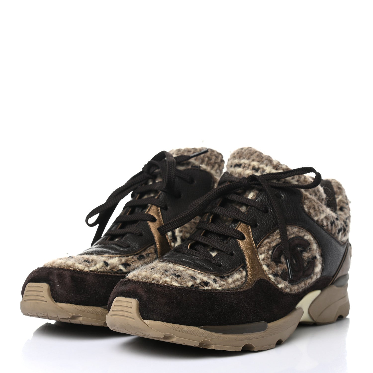 Chanel Suede Tweed Goatskin CC Sneakers 40 Brown 3 of 10