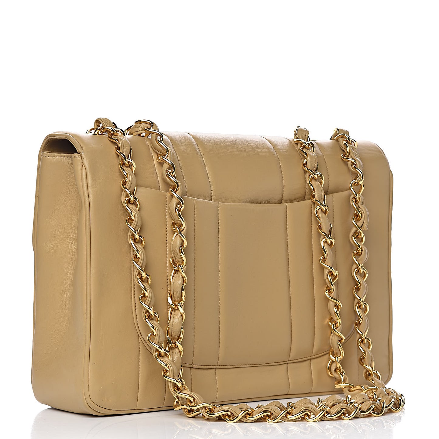 Lambskin Vertical Quilted Jumbo Single Flap Beige