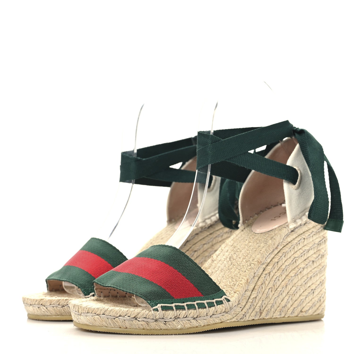 Gucci Canvas Malaga Kid Web Ankle Wrap Espadrille Wedge Sandals 37.5 Green Red Mystic White Emerald 4 of 10