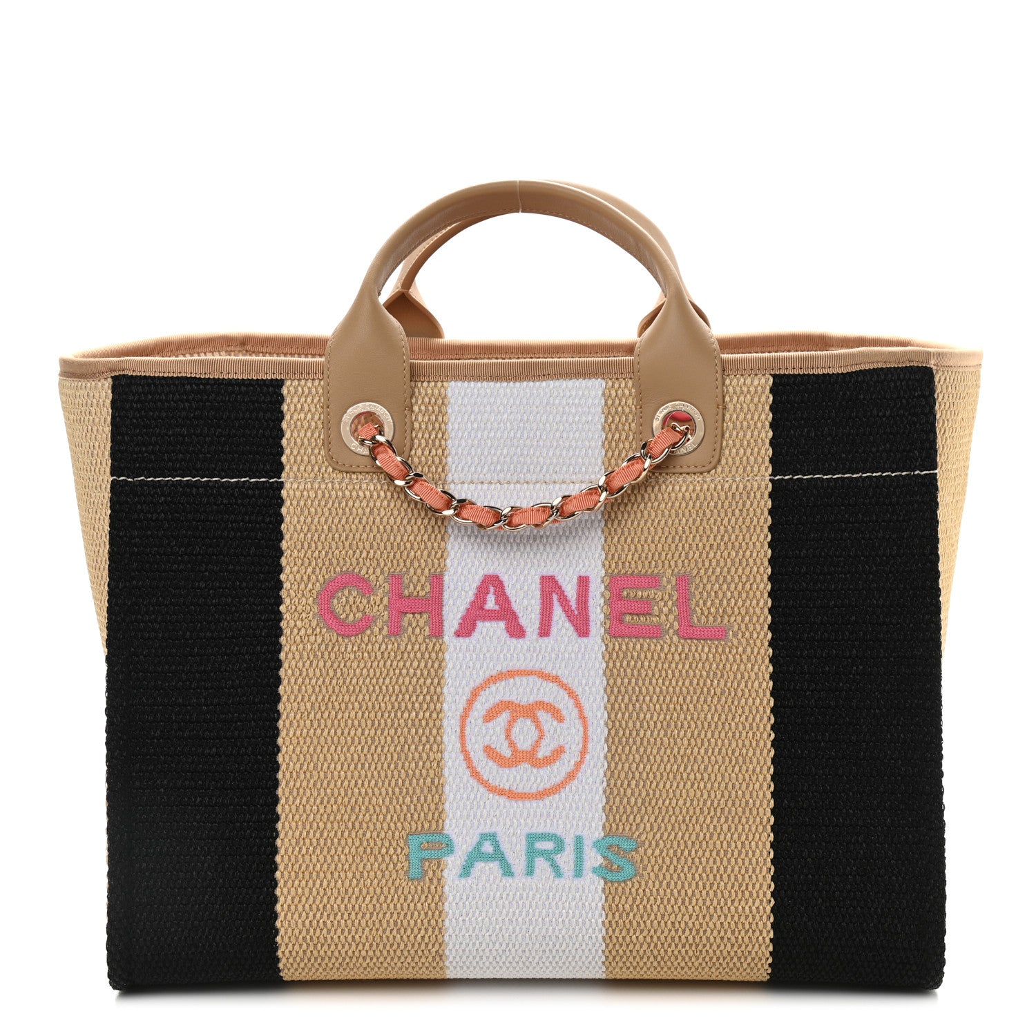 Chanel Straw Raffia Calfskin Striped Large Deauville Tote Black Beige Ivory 1 of 9