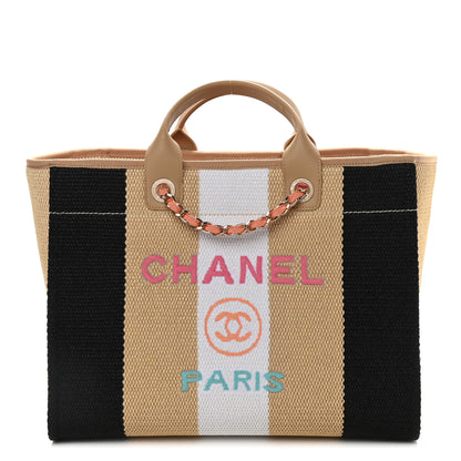 Chanel Straw Raffia Calfskin Striped Large Deauville Tote Black Beige Ivory 1 of 9
