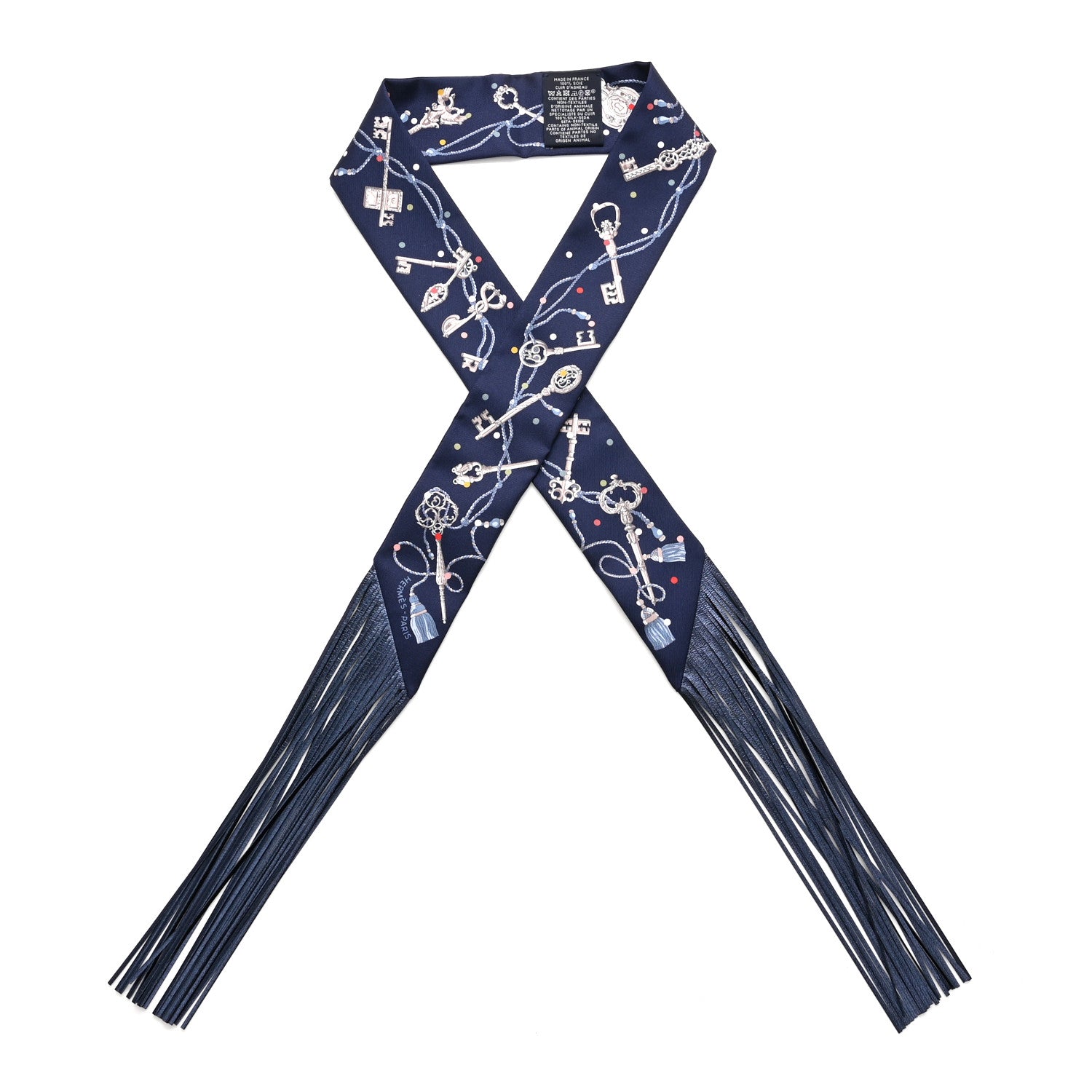 Hermes Silk Metallic Agneau Les Cles A Pois Fringed Twilly Bleu Marine Gris Argent Multicolor 1 of 4