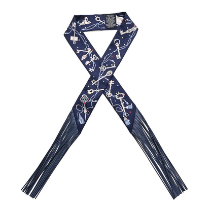 Hermes Silk Metallic Agneau Les Cles A Pois Fringed Twilly Bleu Marine Gris Argent Multicolor 1 of 4